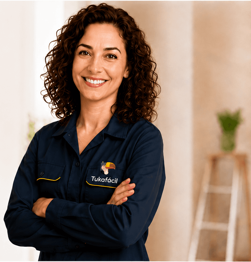 Profissional TukaFácil sorrindo com uniforme azul